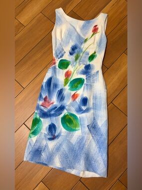 Vintage 1950s White Blue Pink Green Watercolor Wiggle Sheath Sleeveless Dress XS